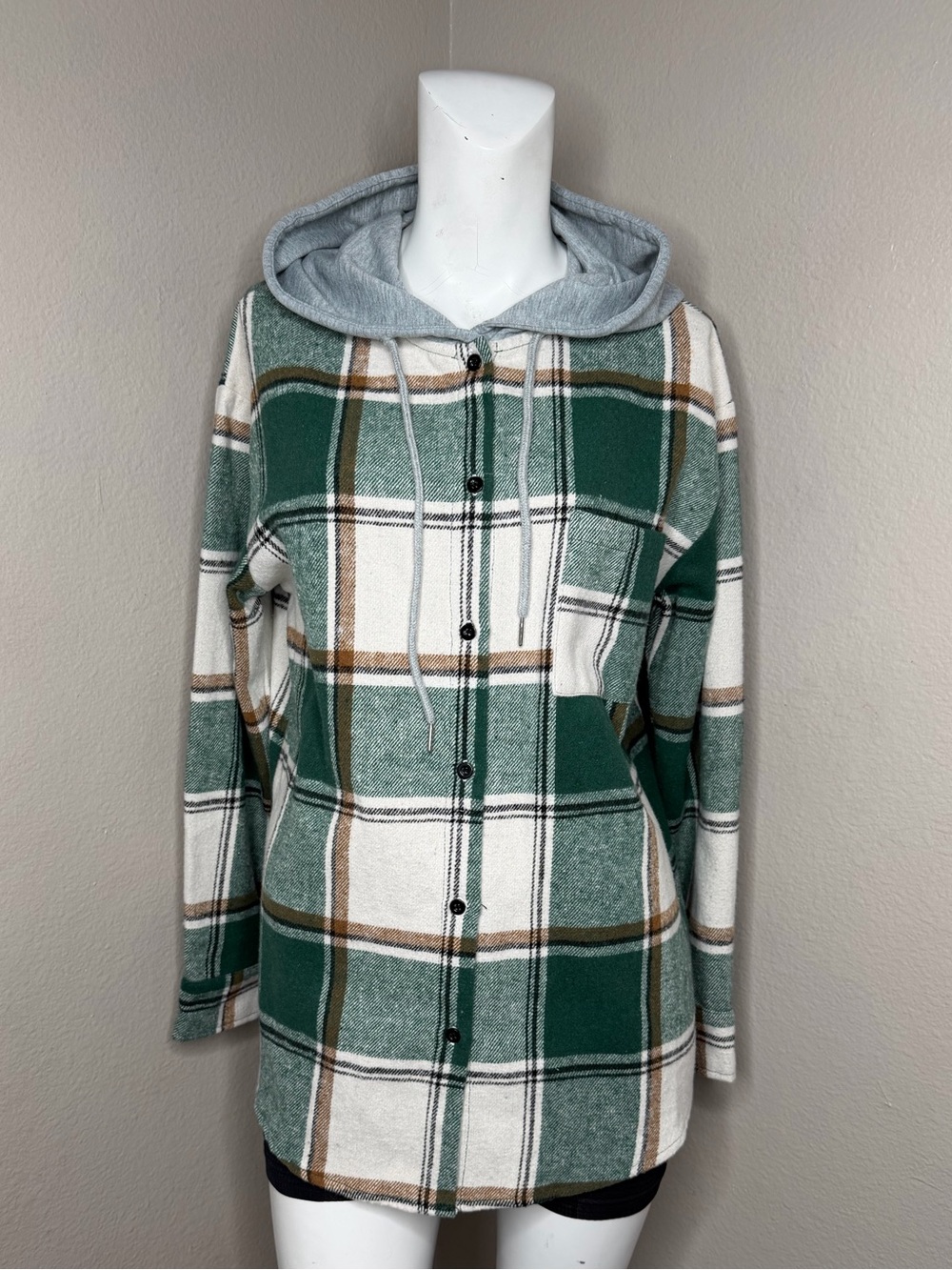 Green Plaid Hooded Button-Down Shirt Jacket